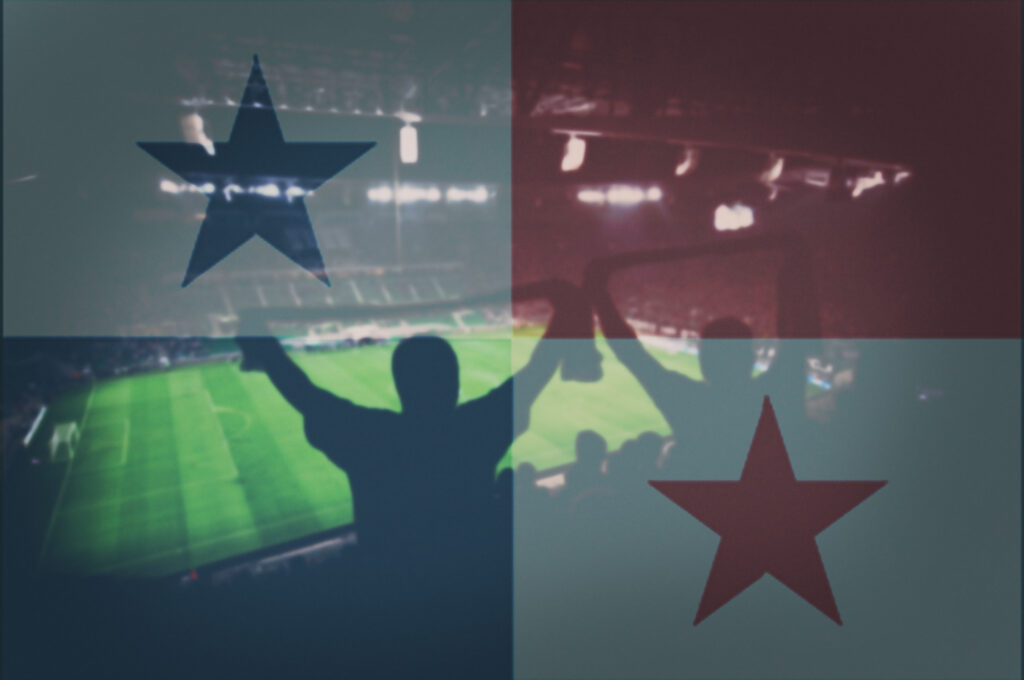 Siluetas de aficionados celebrando un partido de fútbol en un estadio, con la bandera de Panamá superpuesta, en representación de la Marea Roja y del movimiento comercial y económico que genera la participación del país en el Mundial.