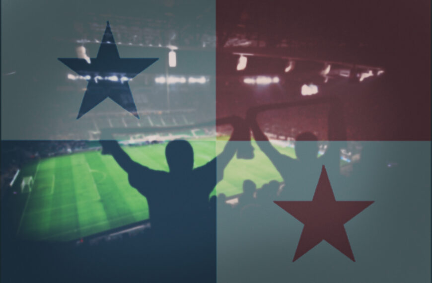 Siluetas de aficionados celebrando un partido de fútbol en un estadio, con la bandera de Panamá superpuesta, en representación de la Marea Roja y del movimiento comercial y económico que genera la participación del país en el Mundial.