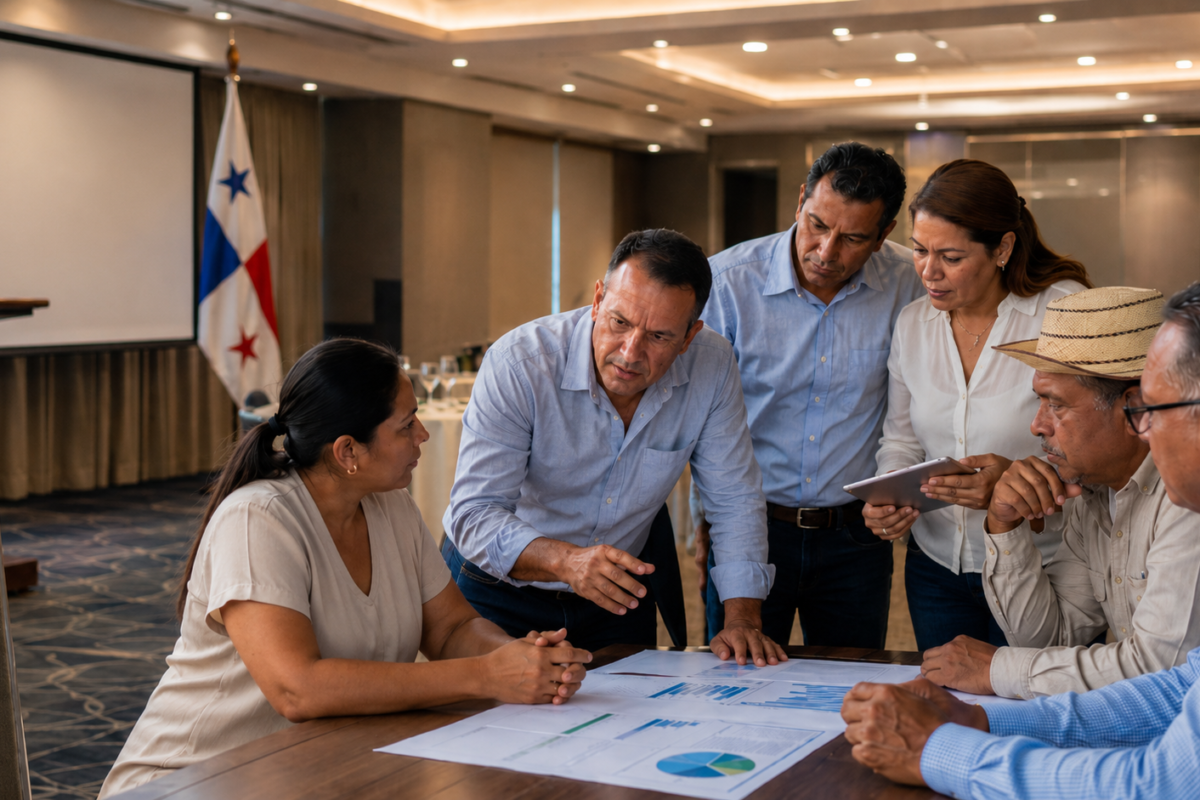 Grupo de empresarios y líderes reunidos en un salón de conferencias en Santiago, analizando gráficos y documentos sobre crecimiento, inversión, MIPYME y desarrollo económico.
