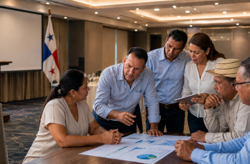 Grupo de empresarios y líderes reunidos en un salón de conferencias en Santiago, analizando gráficos y documentos sobre crecimiento, inversión, MIPYME y desarrollo económico.