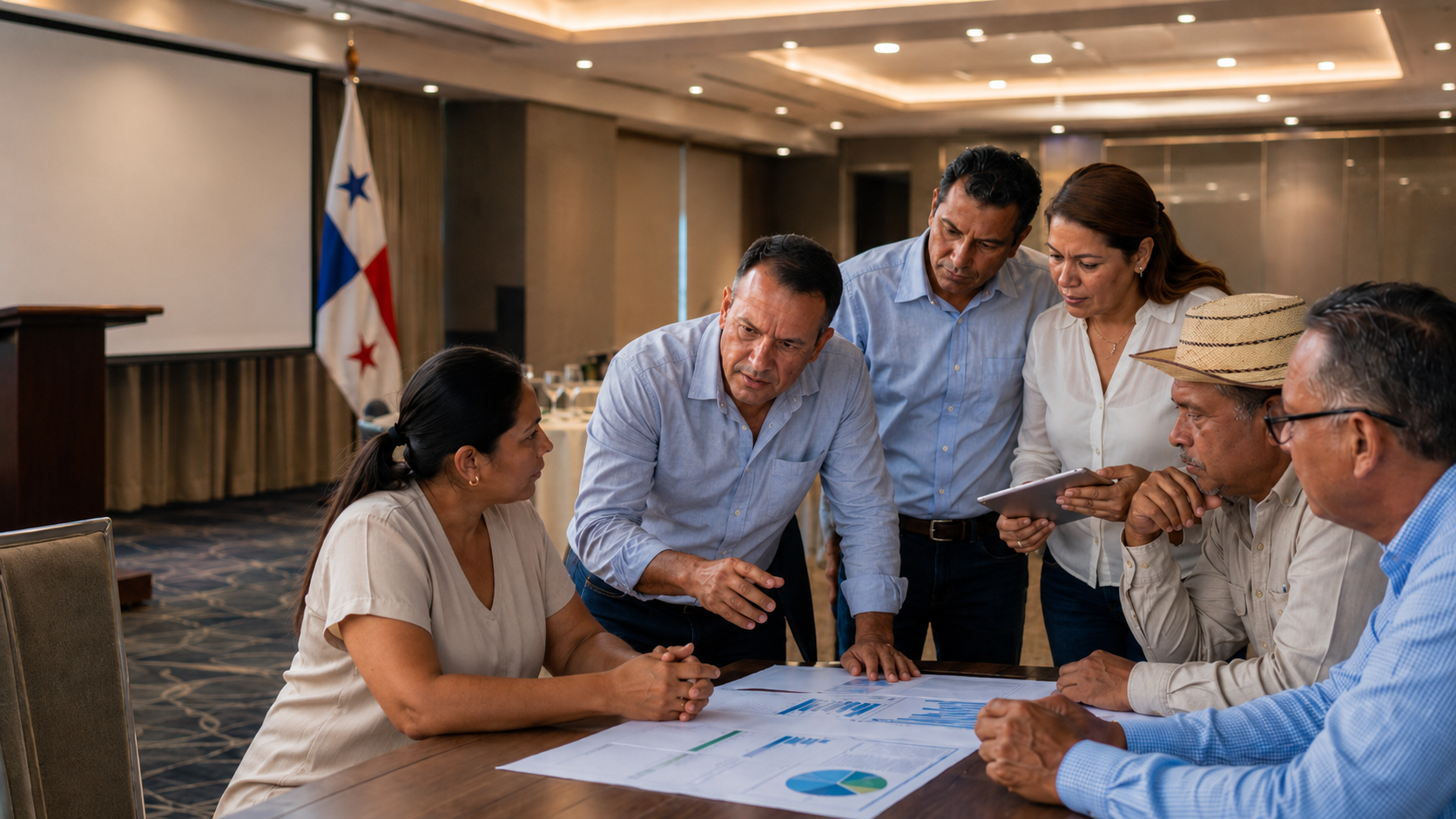 Grupo de empresarios y líderes reunidos en un salón de conferencias en Santiago, analizando gráficos y documentos sobre crecimiento, inversión, MIPYME y desarrollo económico.
