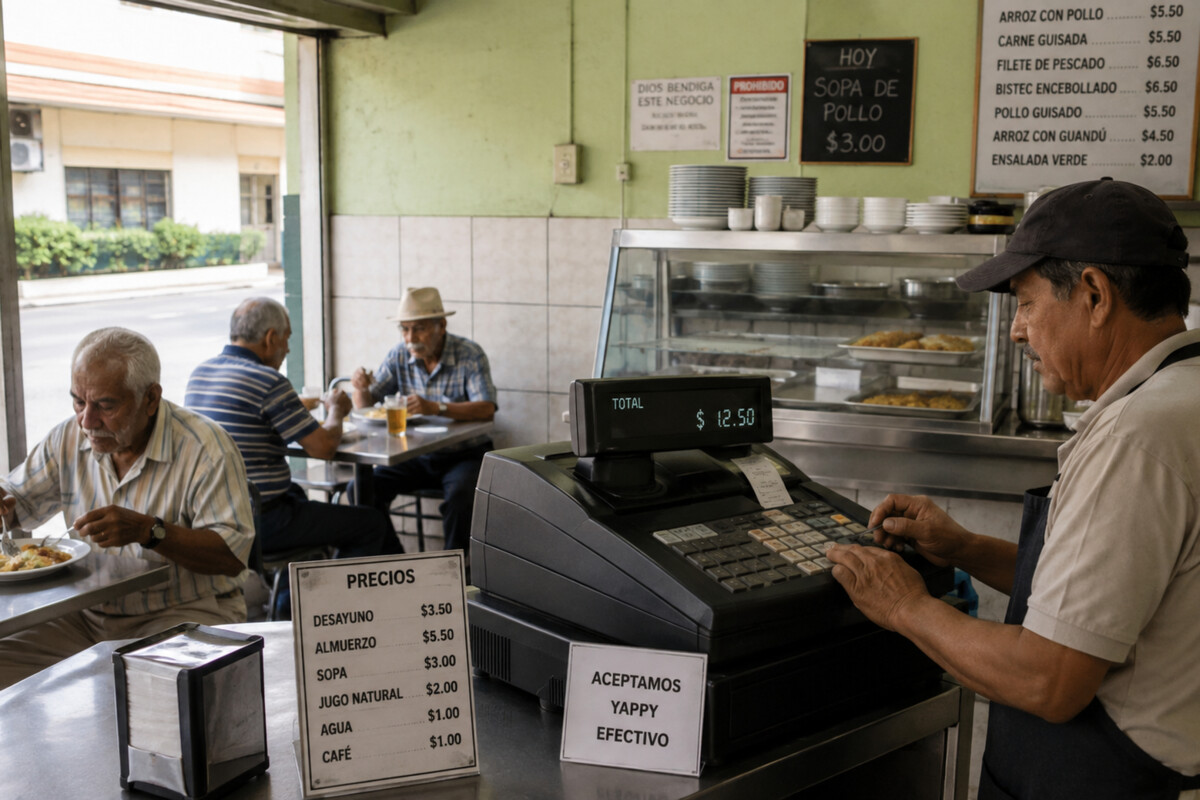 Jubilados panameños almuerzan en una fonda mientras el propietario cobra en la caja registradora, en un pequeño negocio local ¿quién gana quién pierde?