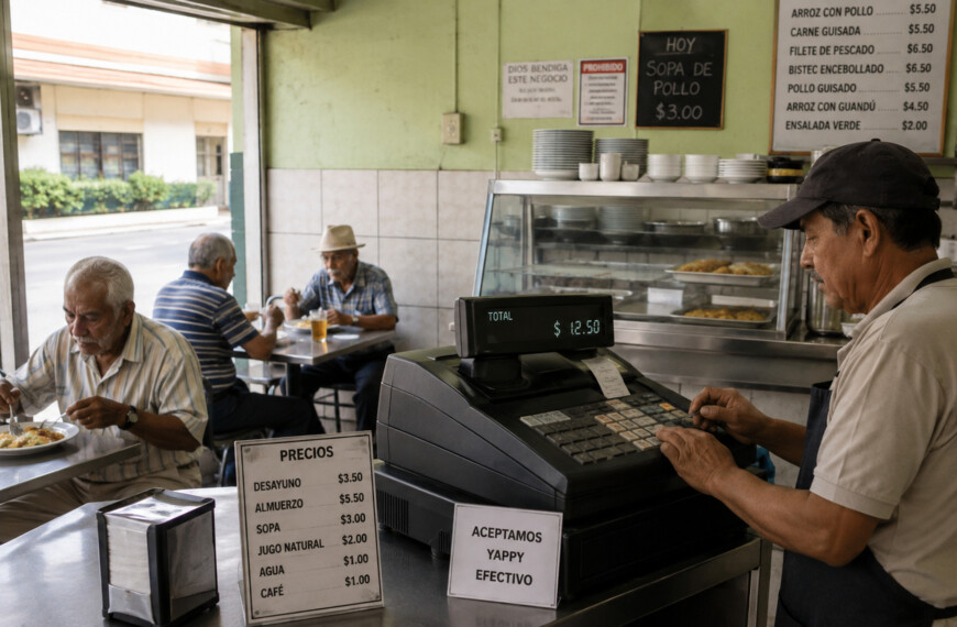 Jubilados panameños almuerzan en una fonda mientras el propietario cobra en la caja registradora, en un pequeño negocio local ¿quién gana quién pierde?