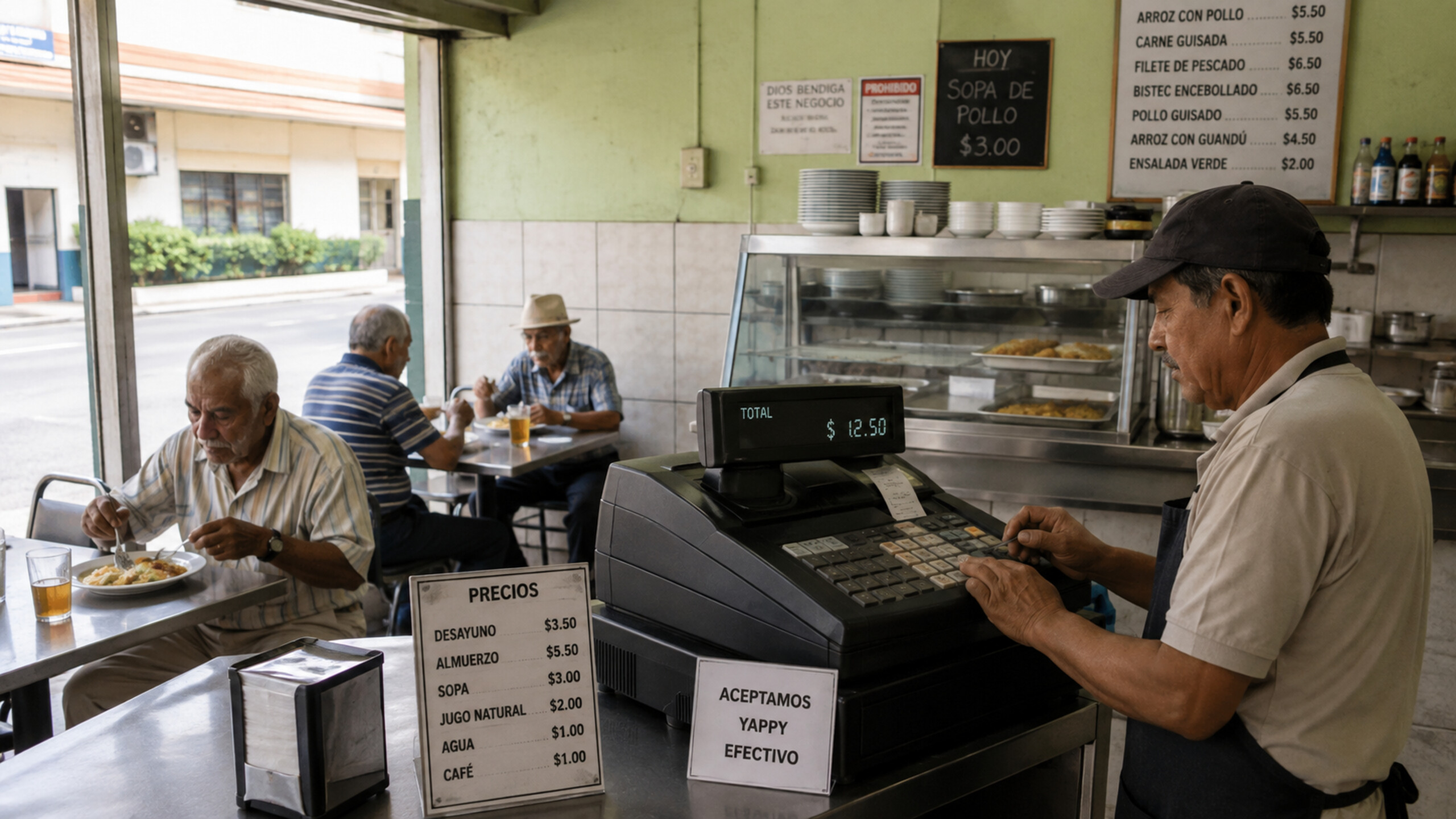 Jubilados panameños almuerzan en una fonda mientras el propietario cobra en la caja registradora, en un pequeño negocio local ¿quién gana quién pierde?