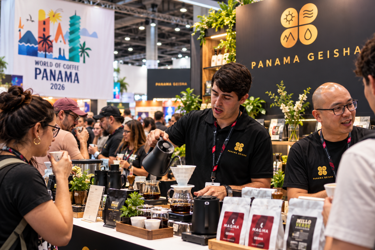 Visitantes y profesionales del café participan en degustaciones y demostraciones de preparación en un espacio de World of Coffee Panama 2026, con presencia de cafés Geisha de Panamá.