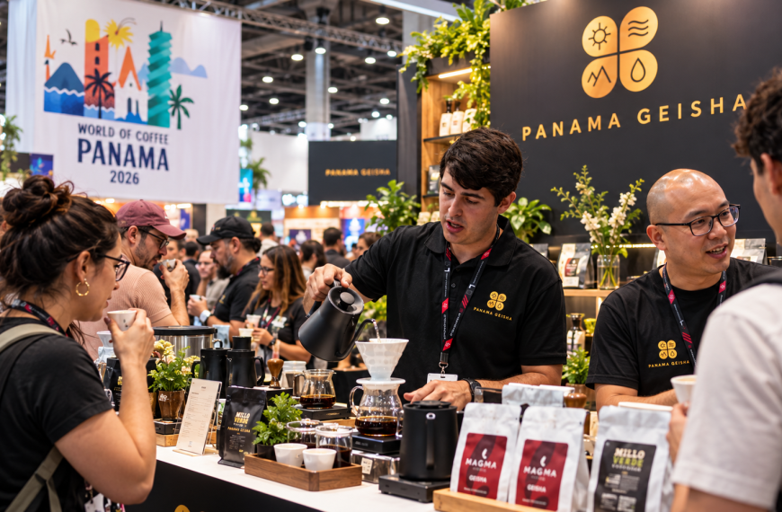Visitantes y profesionales del café participan en degustaciones y demostraciones de preparación en un espacio de World of Coffee Panama 2026, con presencia de cafés Geisha de Panamá.