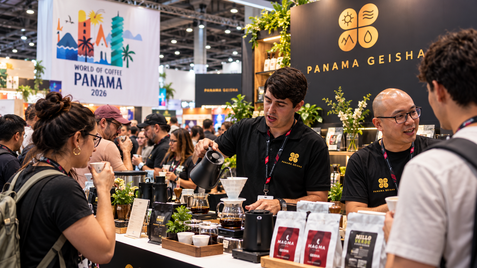 Visitantes y profesionales del café participan en degustaciones y demostraciones de preparación en un espacio de World of Coffee Panama 2026, con presencia de cafés Geisha de Panamá.